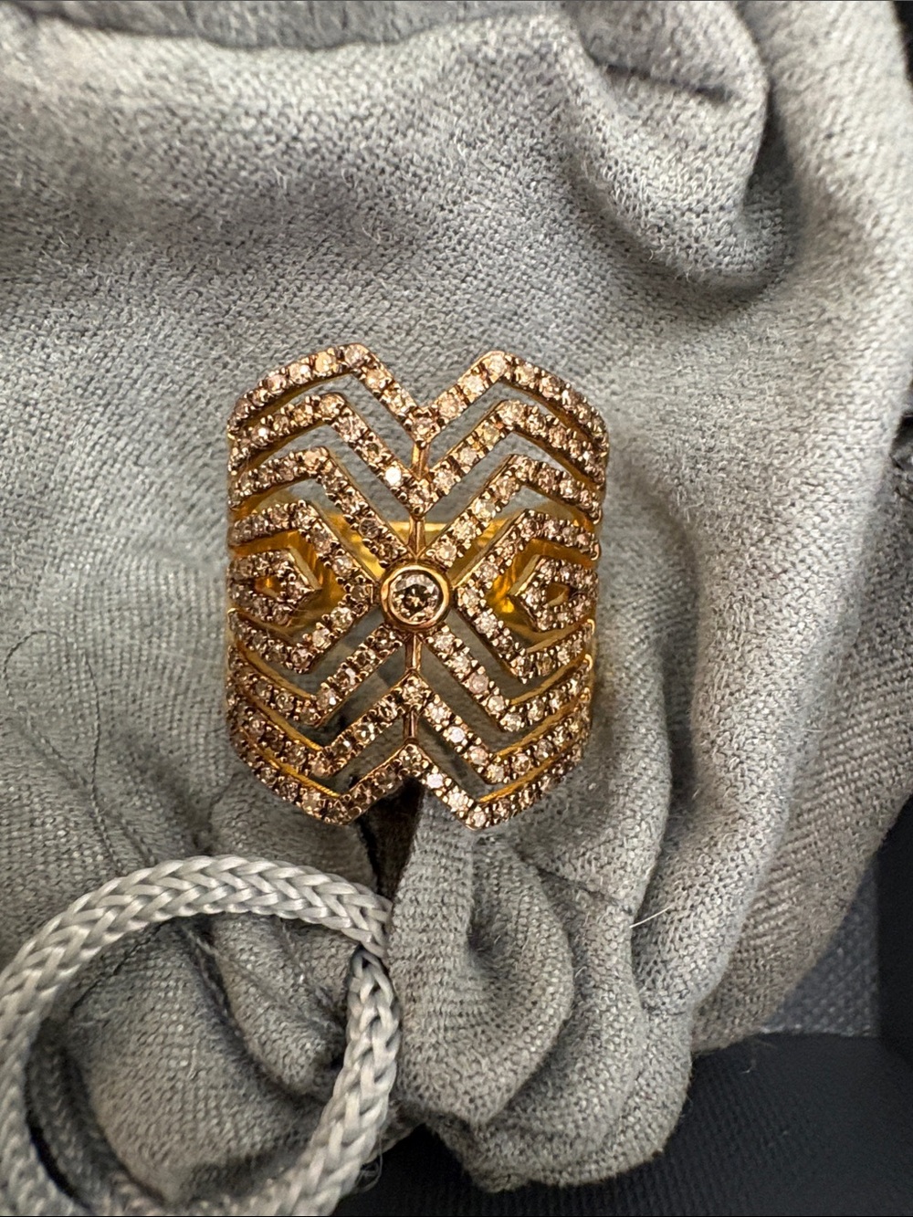 Gold Pavé Chevron Ring with Central Crystal - Women's